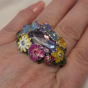 Vintage Avon Enamel Rhinestone Double Finger Ring Butterfly Ladybug Garden Ring